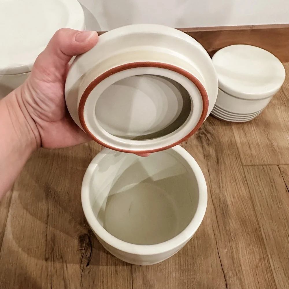 Hearth & Hand‎ Magnolia Stoneware 3 Crocks Cream & Gray Stripes w/ Lids Lg Md Sm